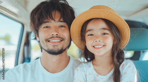 Fototapeta A happy family sitting in the car, beautiful picture, looked at the camera, Generative AI