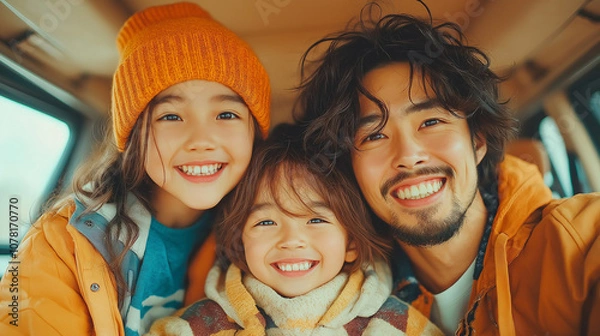 Fototapeta A happy family sitting in the car, beautiful picture, looked at the camera, Generative AI