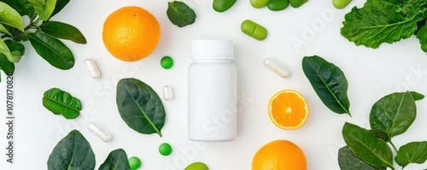 Fototapeta A bottle of supplements surrounded by fresh oranges, green capsules, and mint leaves, emphasizing a theme of health and wellness.