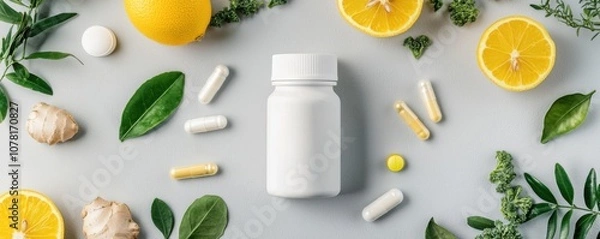 Fototapeta A clean, minimalistic arrangement featuring a white supplement bottle surrounded by fresh lemons and green leaves, emphasizing health and wellness.