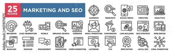Obraz Marketing and SEO icon collection set. Containing design Target Audience, Keyword Research, Social Media, Content Creation, Analytics