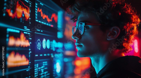 Obraz Data Analyst in Focus: A young man in glasses intently scrutinizes a wall of data dashboards illuminated by vibrant neon lights. He is a tech innovator navigating the complex world of data analytics.