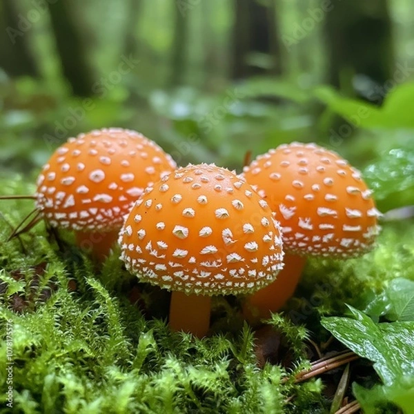 Fototapeta Vibrant orange-capped mushrooms growing in the forest on moss-covered floor