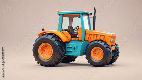 Fototapeta 3D cartoon tractor minimalism, old tractor in the field,tractor isolated on plain background, Generative AI