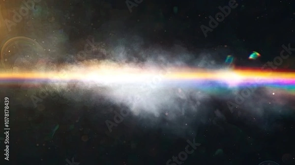 Fototapeta A colorful rainbow band of light streaks across a dark space with a cloud of dust.