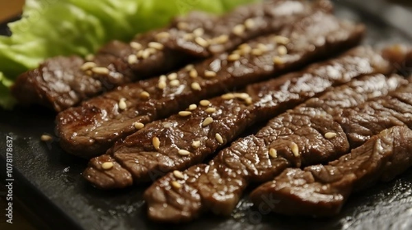 Fototapeta A serving of bulgogi, thinly sliced marinated beef grilled to perfection, often served with lettuce wraps.


