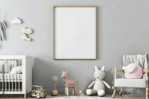 Fototapeta Simple mockup of a blank poster in a minimalist nursery
