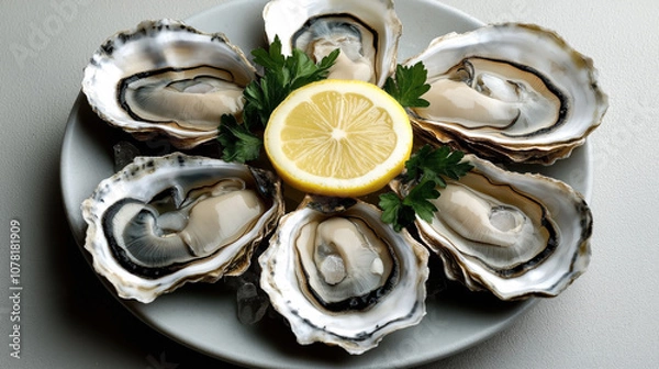 Fototapeta Plate of fresh oysters served on ice with lemon slice and parsley garnish on a light background