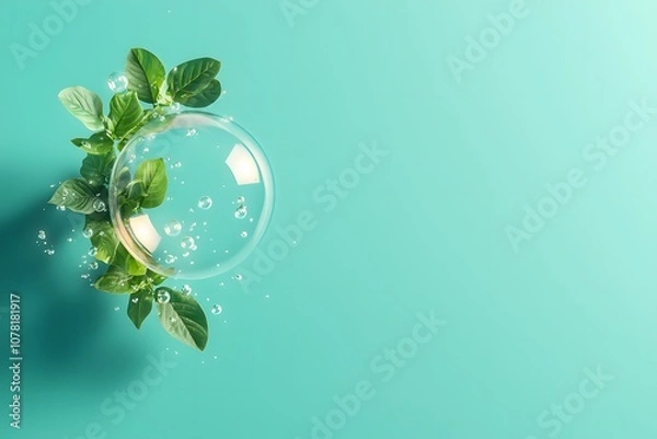 Fototapeta Clear Bubble Surrounded by Green Leaves with Bubbles Floating in Serenity, Representing Nature’s Harmony and Pure Air in a Bright Aqua Background