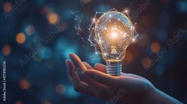 Fototapeta Hand held light bulb, cloud computing for global internet connection. Business global internet connection application technology, digital marketing, financial and banking, digital link tech