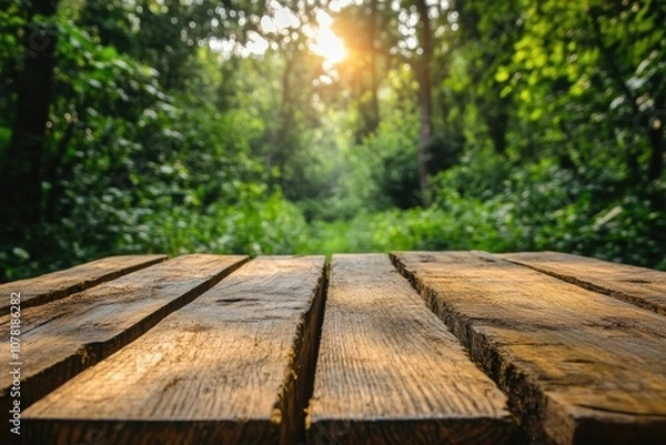 Fototapeta Wooden table top with blurry forest background. Perfect for showcasing products or creating a natural and inviting scene.