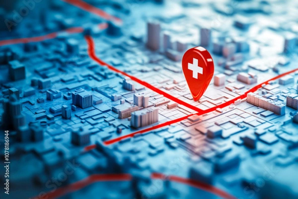 Obraz A red cross is on a map of a city. The map is blue and white