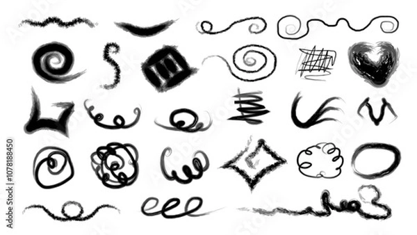 Obraz Black pen marker shapes. Scribble hand draw  doodle, ink, collection. Highlight hand drawn arrow marker isolated  mark  lines, circle and arrow line for highlighting text.
