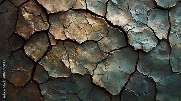 Fototapeta Cracked earth with a brown, green and beige color scheme.