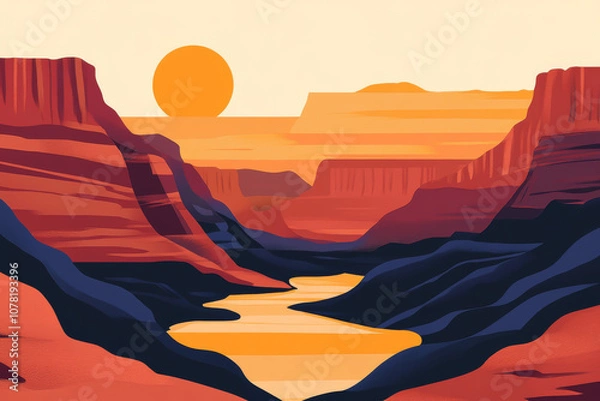 Obraz A beautiful landscape with a river and mountains in the background. The sun is setting in the distance, casting a warm glow over the scene. The colors of the sky and the landscape create a serene