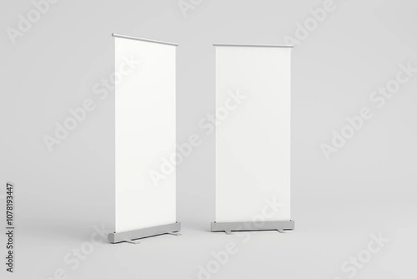 Fototapeta Empty white roll-up banners for presentations and exhibitions.