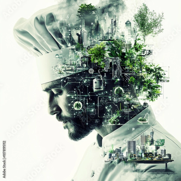 Obraz A chef is depicted in a futuristic cityscape with a green tree growing out of his head. Concept of innovation and creativity, as well as the idea of using technology to improve the culinary world