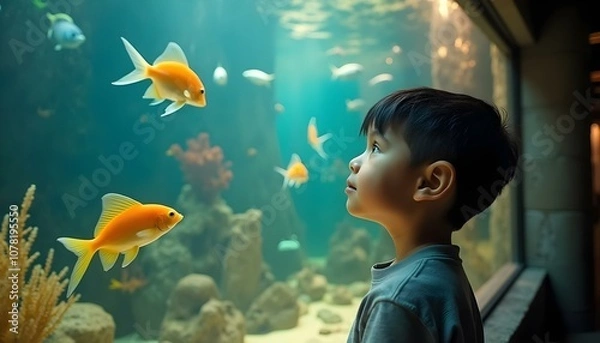Obraz A young boy gazes in wonder at vibrant fish swimming in a large aquarium, his face lit by the soft underwater glow. The scene captures curiosity and awe in a serene environment