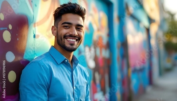 Obraz Young man with a friendly smile standing against a vibrant graffiti wall. Dressed in a bright blue shirt, he exudes positivity and confidence, radiating warmth and approachability