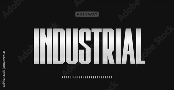 Obraz Condensed industrial alphabet, bold tall metallic letters, high metallic font for modern automotive identity, robust utilitarian design, robust typographic style. Vector typeset.
