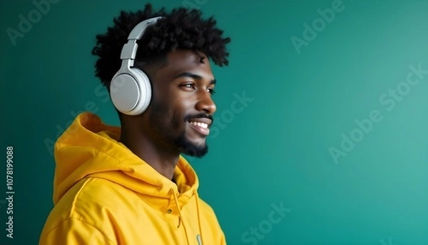 Obraz Side profile of a young man wearing headphones and a yellow hoodie, smiling against a minimalist green background. His expression is relaxed, reflecting enjoyment and style.