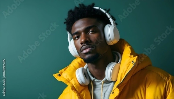 Obraz Portrait of a young man wearing headphones and a yellow jacket, looking confidently at the camera against a green background. His stylish expression and modern look convey coolness