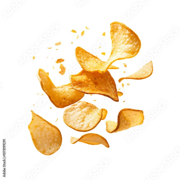 Fototapeta A delightful display of flying crispy potato chips, perfectly capturing the moment they burst into the air, showcasing tantalizing textures against a pure black background.