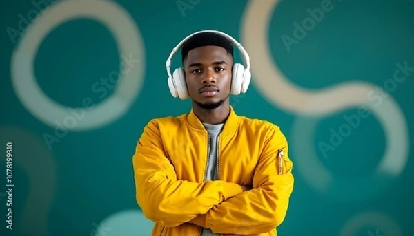 Obraz Confident young man in a yellow jacket and headphones, standing with arms crossed against a modern teal background with circular patterns. His expression exudes style and attitude