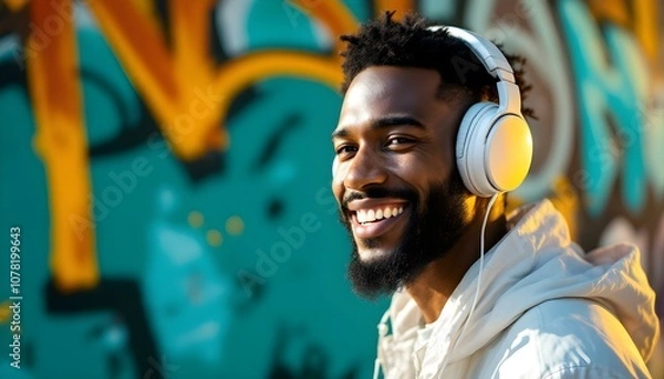 Obraz Portrait of a smiling young man wearing headphones in front of a colorful graffiti wall. The bright, cheerful setting and his warm expression convey positivity and urban style