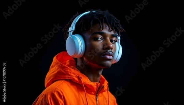 Obraz Portrait of a young man wearing headphones and an orange jacket, set against a dark background. His serious expression and the contrast of colors create a striking and modern look
