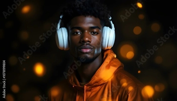 Obraz Young man wearing headphones and an orange hoodie, surrounded by warm bokeh lights in a dark setting. The contrast creates a modern, moody atmosphere