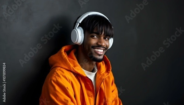 Obraz Smiling young man in an orange hoodie wearing headphones against a dark background. The minimalist backdrop contrasts with his vibrant outfit, highlighting a casual, cheerful vibe