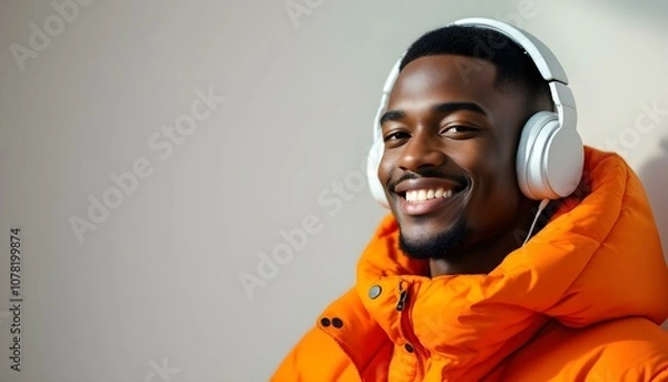 Obraz Close-up portrait of a young man smiling while wearing headphones and a vibrant orange jacket, against a light background. The expression and colors convey joy and energy