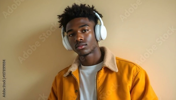 Obraz Portrait of a young man wearing headphones and a yellow jacket with a fur collar, set against a neutral beige background. The relaxed pose and minimalist setup evoke a casual vibe