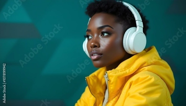 Obraz Close-up of a young woman listening to music with headphones, wearing a yellow jacket against a teal background. Her expression is thoughtful and introspective
