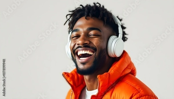 Obraz Portrait of a young man laughing joyfully while listening to music with headphones. He wears an orange jacket against a light background, exuding happiness and positivity