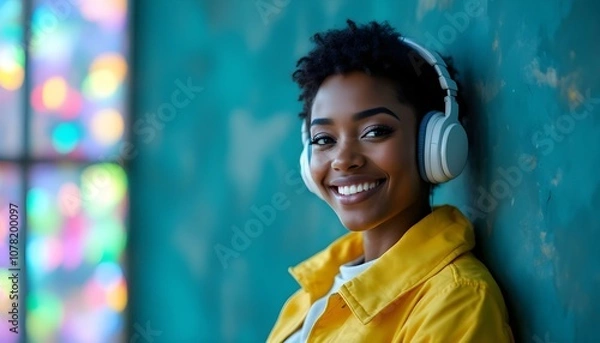 Obraz Portrait of a young woman smiling brightly while wearing headphones and a yellow jacket, standing against a teal background with soft, colorful bokeh lights