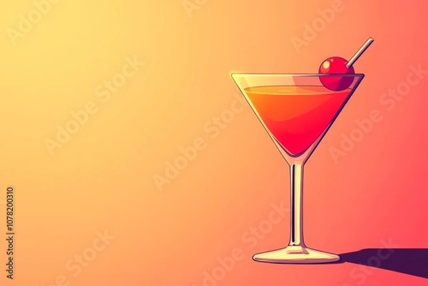Fototapeta A glass of martini with a cherry on top. The glass is sitting on a table with a pink background