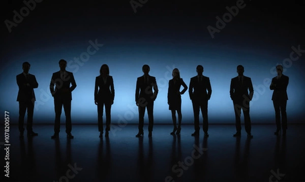Obraz Eight people stand in silhouette against a blue light, creating a dramatic and mysterious image
