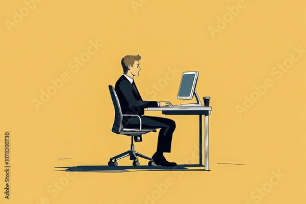 Fototapeta A man is sitting at a desk with a computer monitor in front of him