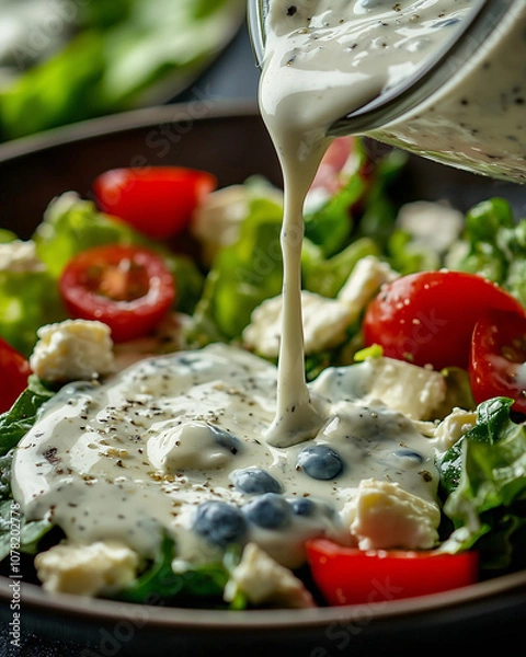 Obraz creamy poppyseed dressing delicately poured over a mixed salad with blueberries, cherry tomatoes, and feta cheese