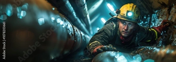 Fototapeta A young Caucasian male miner carefully navigates through a dark tunnel.