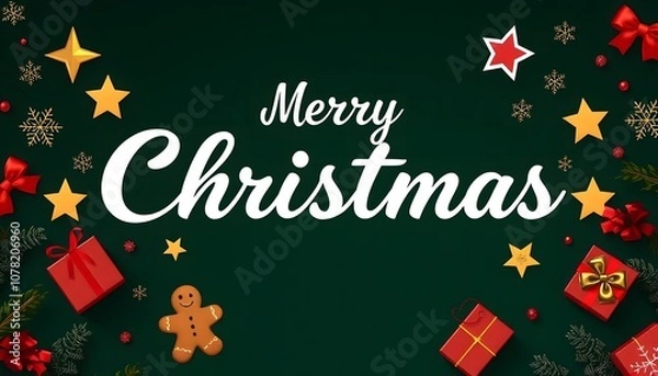 Fototapeta Christmas flux banner with dark green background, 'Merry Christmas' in white cursive at center, surrounded by red and gold stars, snowflakes, presents, gingerbread, and holly.
