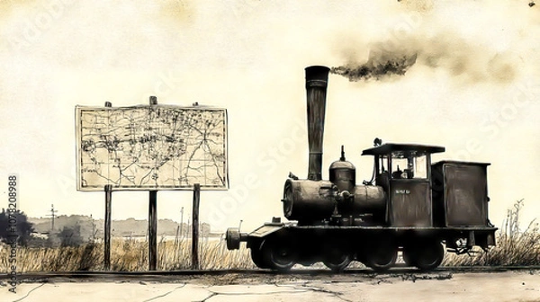 Obraz A steam train is on the tracks next to a sign that says "Map"