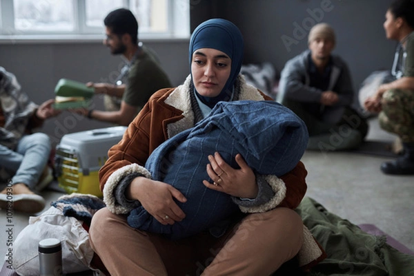 Fototapeta Portrait of distressed Middle Eastern woman with baby sitting on floor at refugee shelter and looking away, copy space
