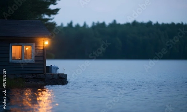 Obraz A quiet lakeside cabin at dusk, surrounded by nature, Generative AI