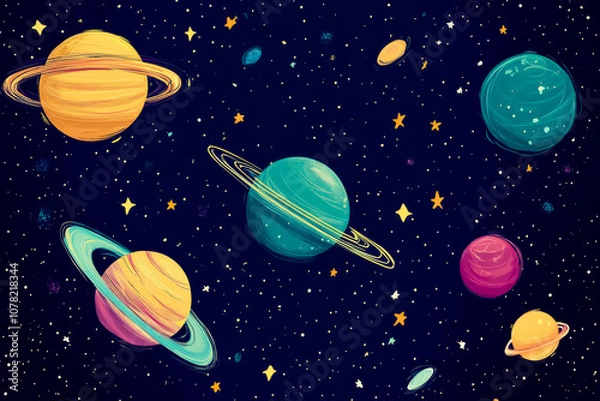 Obraz A colorful painting of planets and stars with a blue background. The painting is of a space scene with a variety of planets and stars