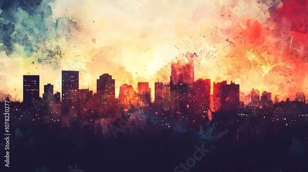 Fototapeta Watercolor Artistic using soft, brushy watercolor strokes, Single object picture - a celebratory fireworks display bursting into the night sky over a cityscape