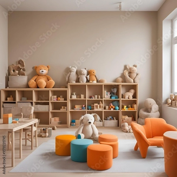 Fototapeta Minimalist Children’s Room with Wooden Bookcase, Orange Armchair, and Plush Toys in Cozy, Natural Light

