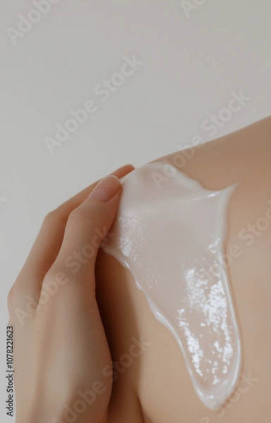 Obraz Close-Up of Translucent Body Cream Application on Shoulder – Smooth, Glowing Skin with Minimalist Light Grey Background
